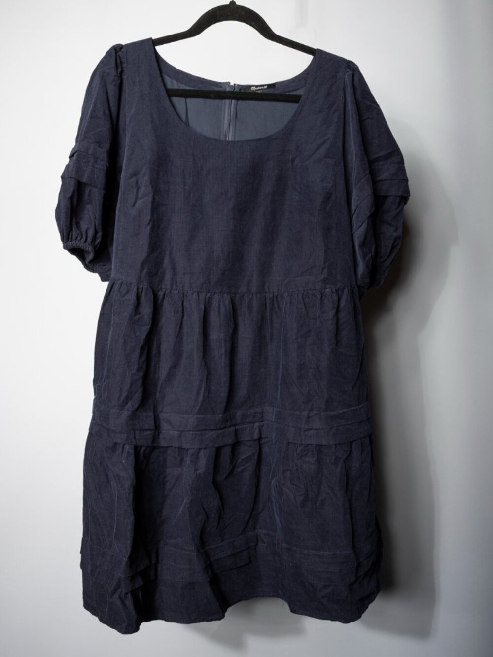 Madewell Tiered Puff Sleeve Mini Dress Navy Blue Corduroy NWOT Size XL